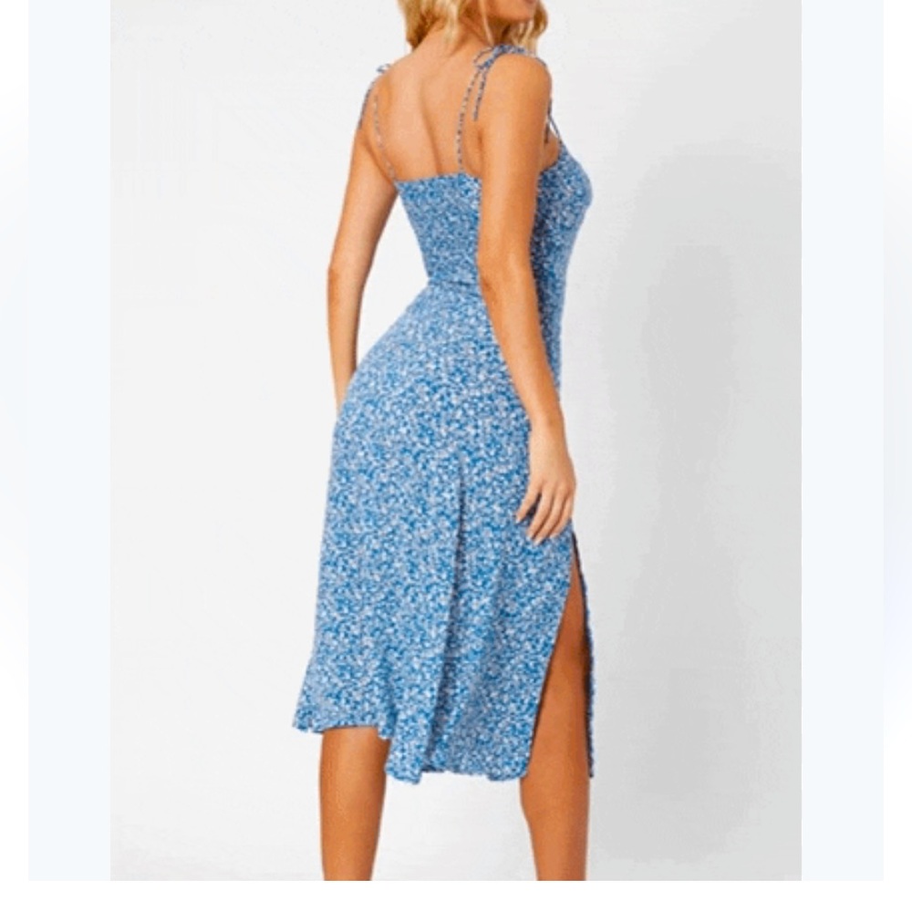 SHEIN Blue Floral Midi Cottagecore Fairy Dress SZ L 8/10